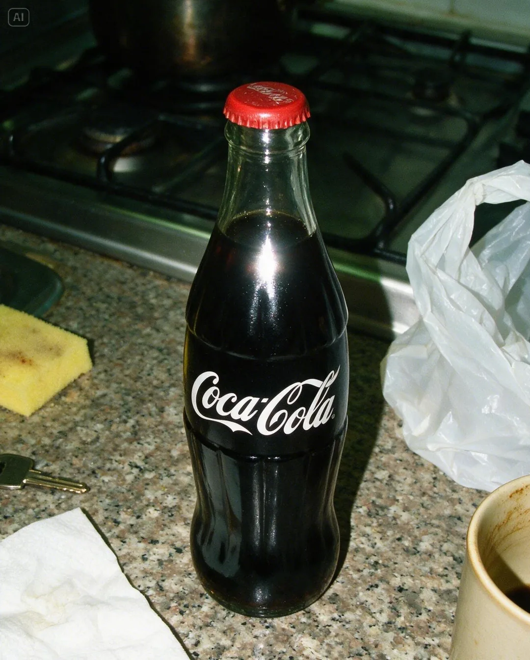 Phone photo of a Coca-Cola bottle on a kitchen counter