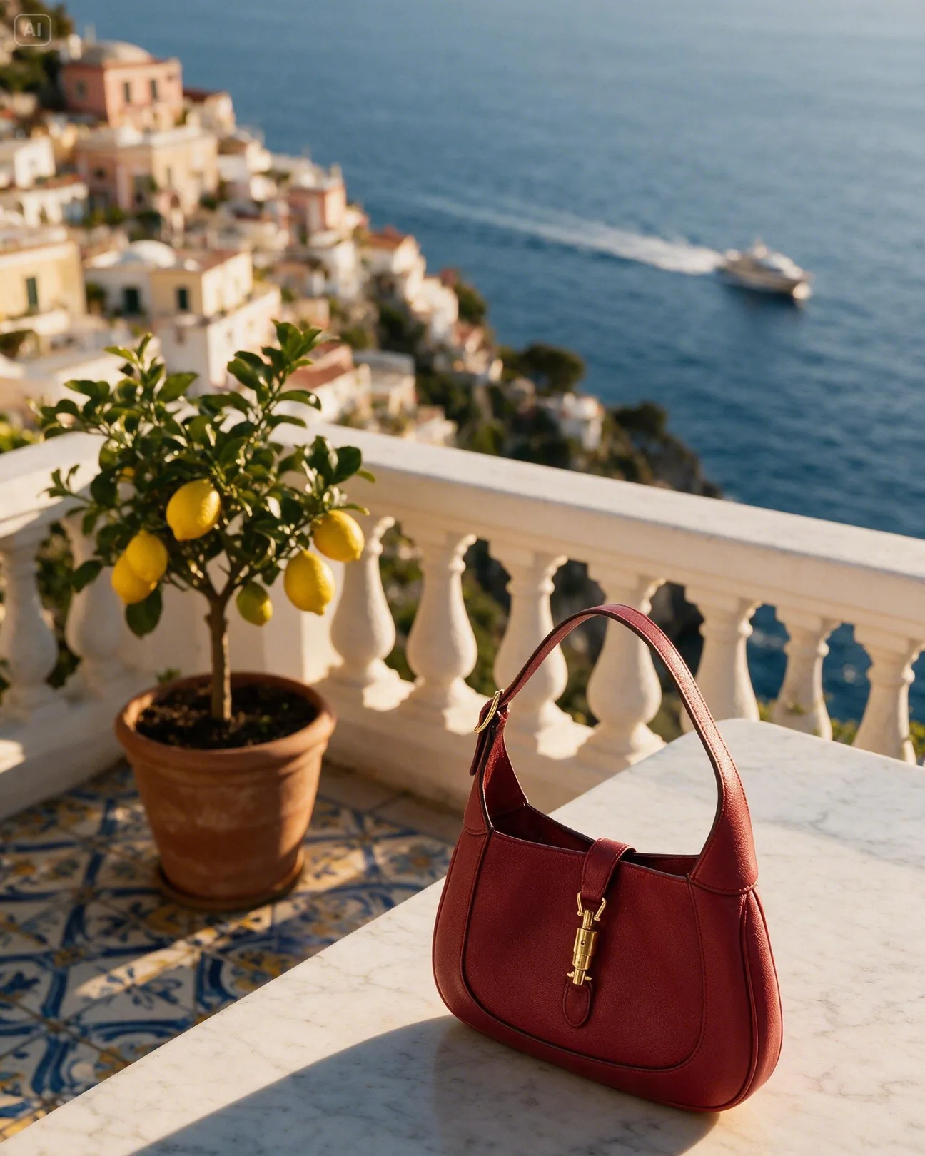 A red Gucci Jackie 1961 bag on an oceanfront terrace at golden hour · AI-made spec piece · not commissioned by the brand