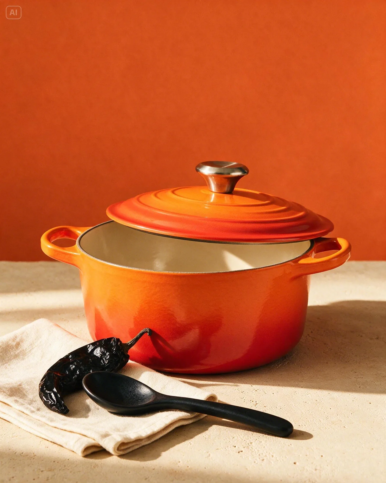 A Flame-colored Le Creuset pot with cream linen and black accents · AI-made spec piece · not commissioned by the brand