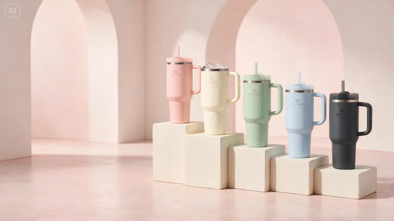 Pastel Stanley Quencher tumblers on pedestals · AI-made spec piece, not commissioned by Stanley